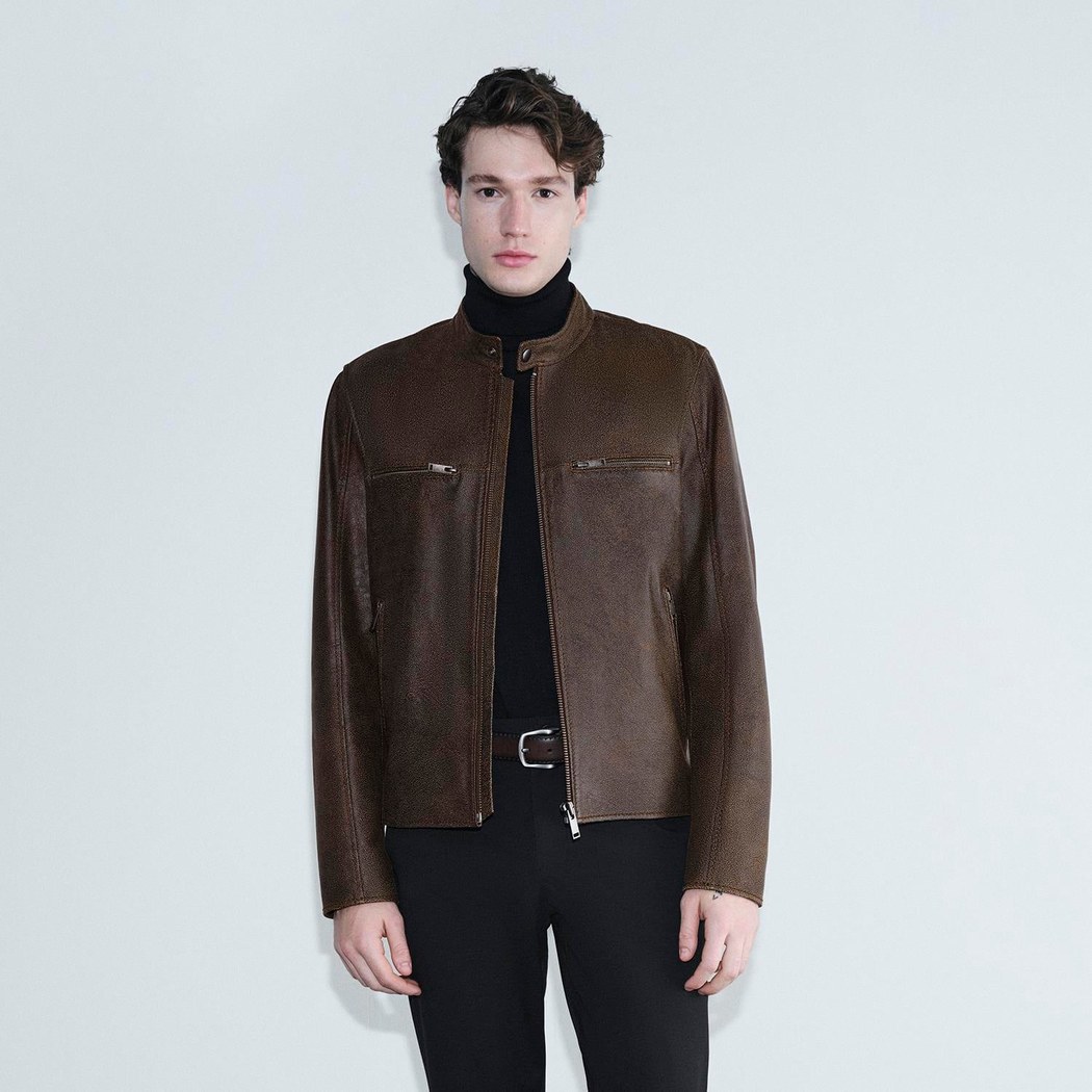 Erkek Kahve Hakim Yakalı Fit Deri Ceket