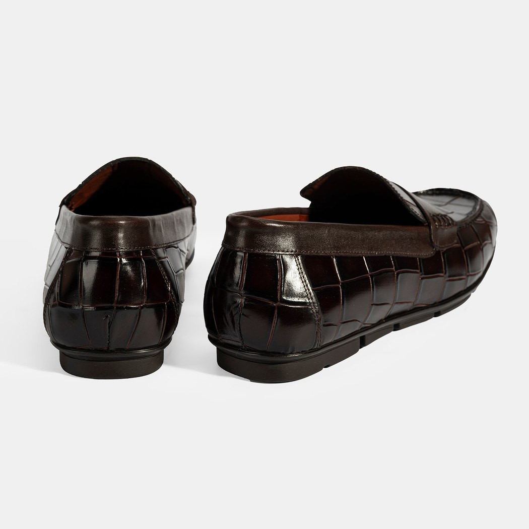 Erkek Kahve Kroko Baskılı Deri Loafer