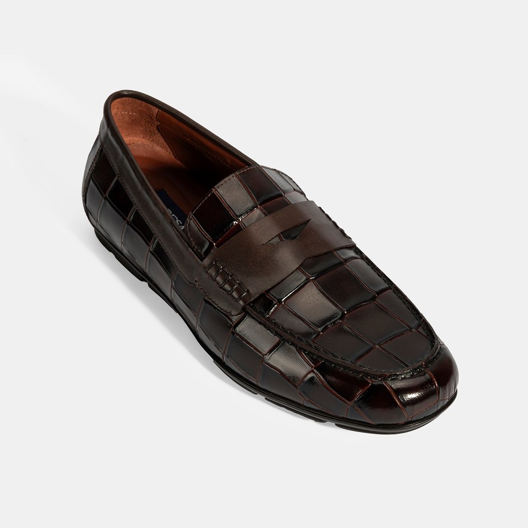 Erkek Kahve Kroko Baskılı Deri Loafer