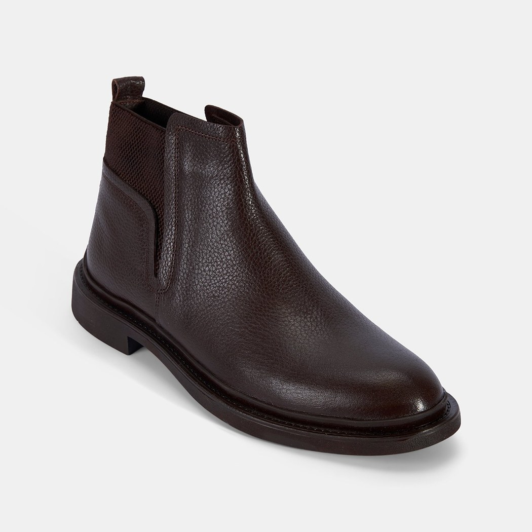 Erkek Kahve Lastik Detaylı Deri Bot