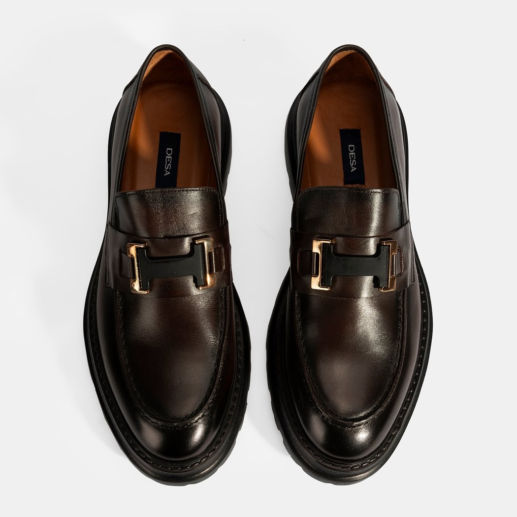 Erkek Kahve Metal Toka Detaylı Deri Loafer