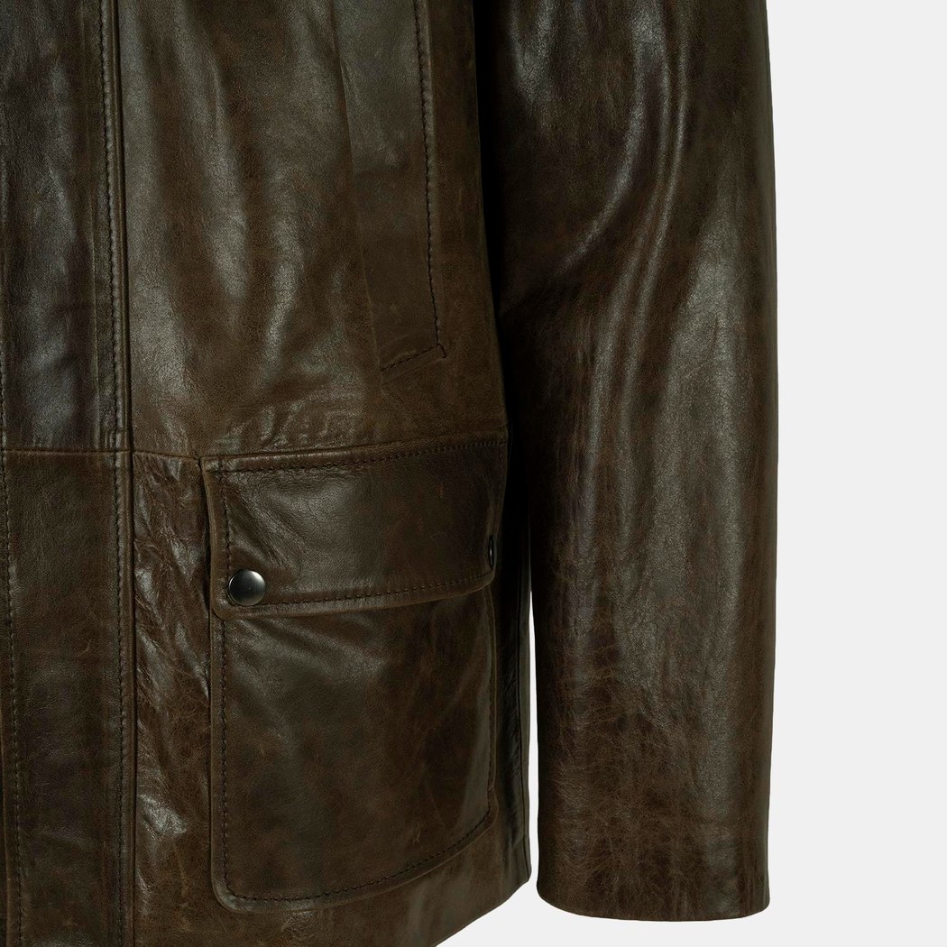 Erkek Koyu Yeşil Gömlek Yakalı Deri Mont