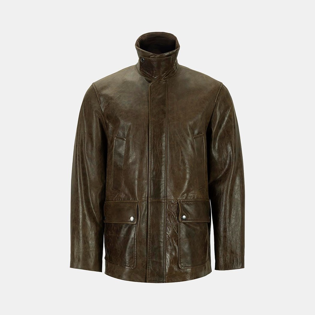 Erkek Koyu Yeşil Gömlek Yakalı Deri Mont