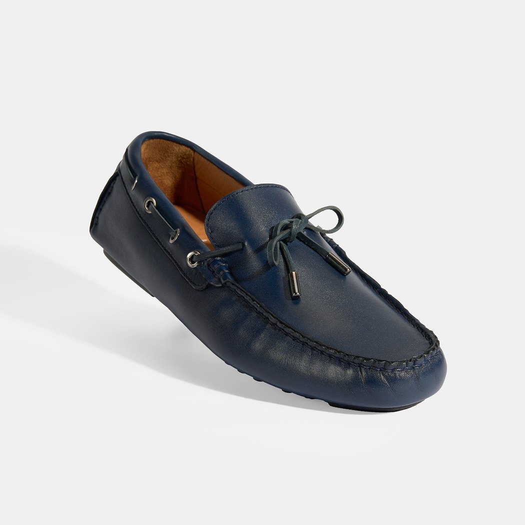 Erkek Lacivert Bağcık Detaylı Slip-On Deri Loafer