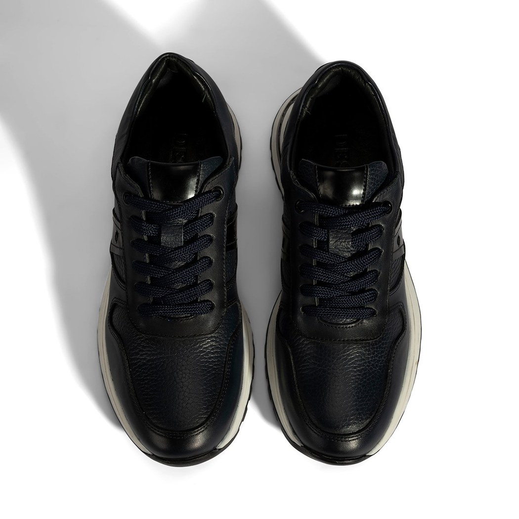 Erkek Lacivert Bağcıklı Deri Sneaker