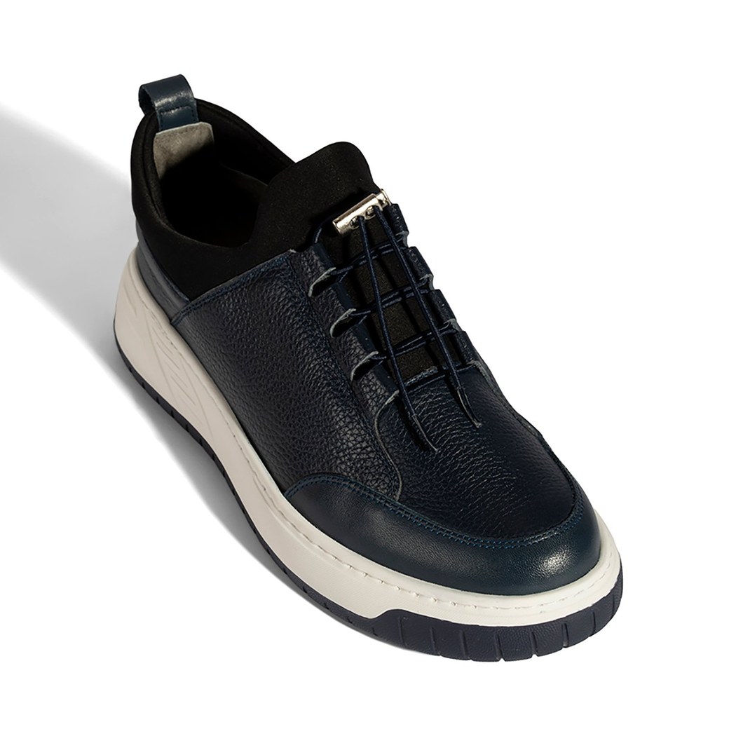 Erkek Lacivert Lastik Bağcıklı Deri Sneaker