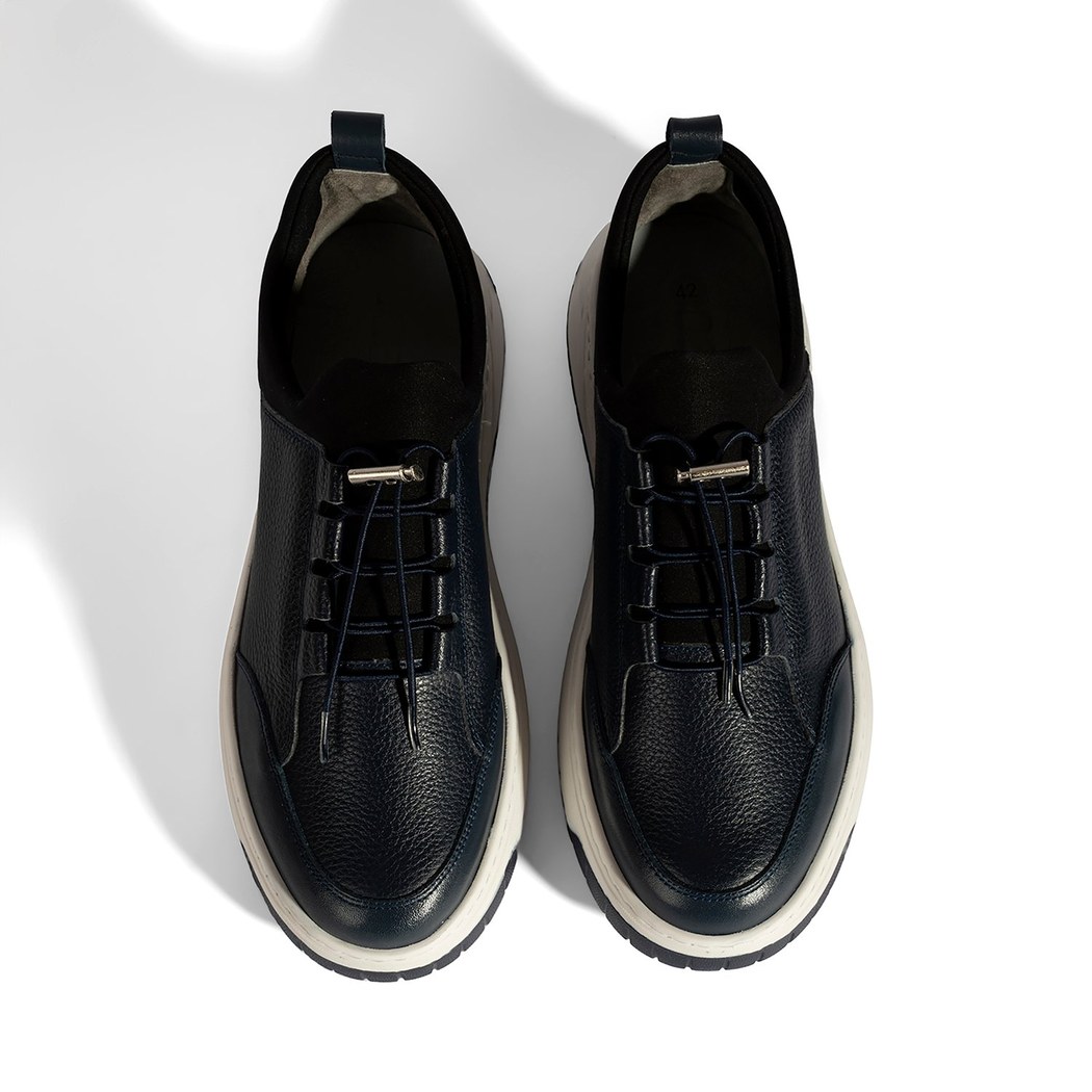 Erkek Lacivert Lastik Bağcıklı Deri Sneaker