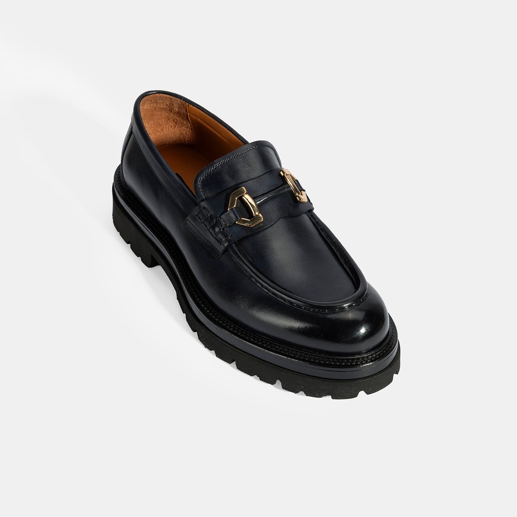 Erkek Lacivert Metal Toka Detaylı Deri Loafer