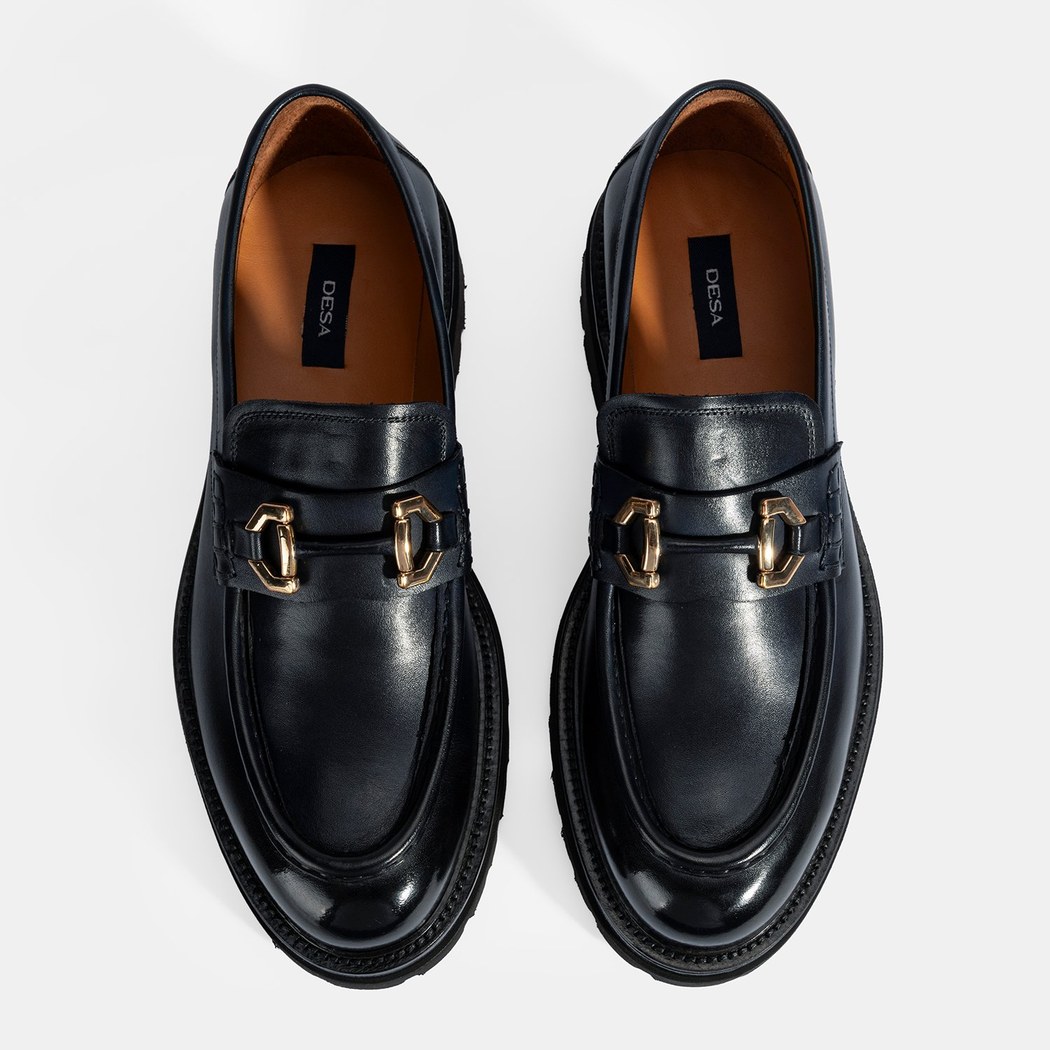 Erkek Lacivert Metal Toka Detaylı Deri Loafer