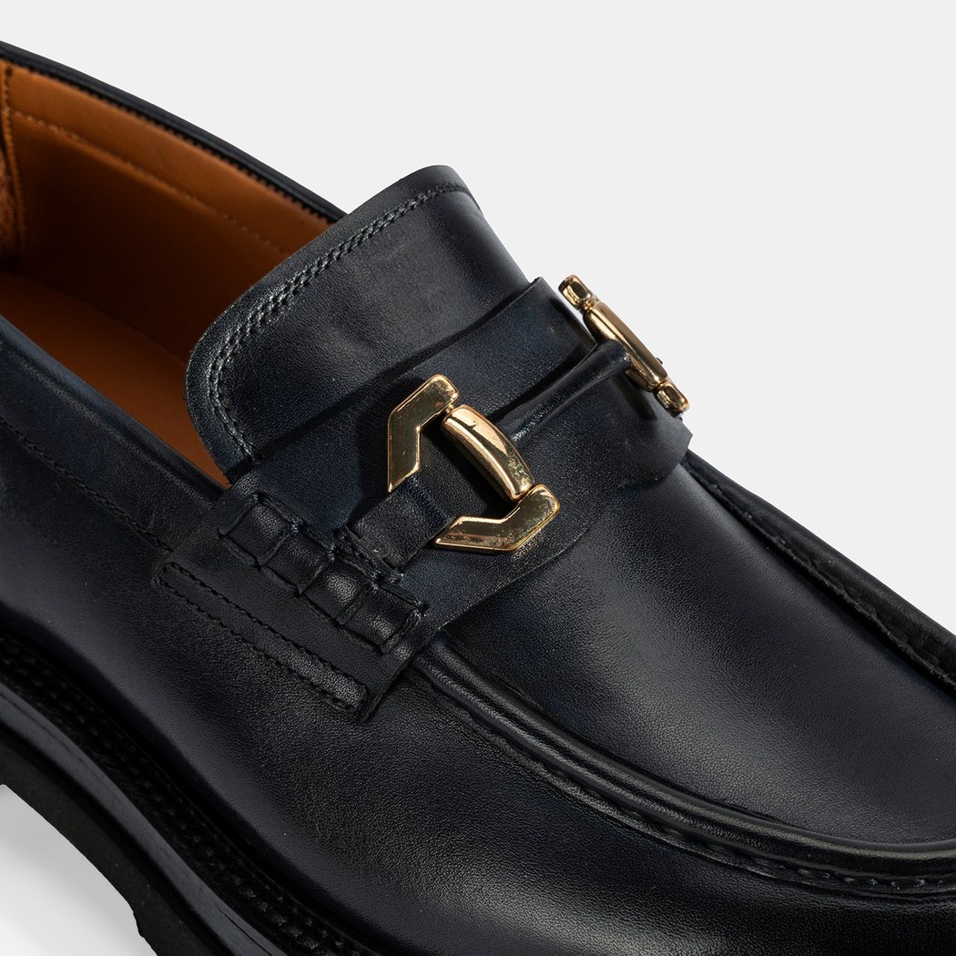 Erkek Lacivert Metal Toka Detaylı Deri Loafer