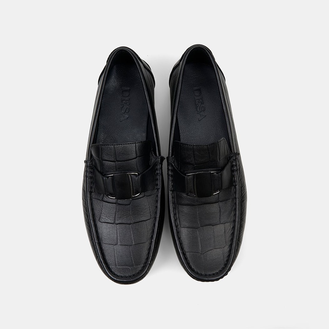 Erkek Siyah Kabartma Desenli Deri Loafer