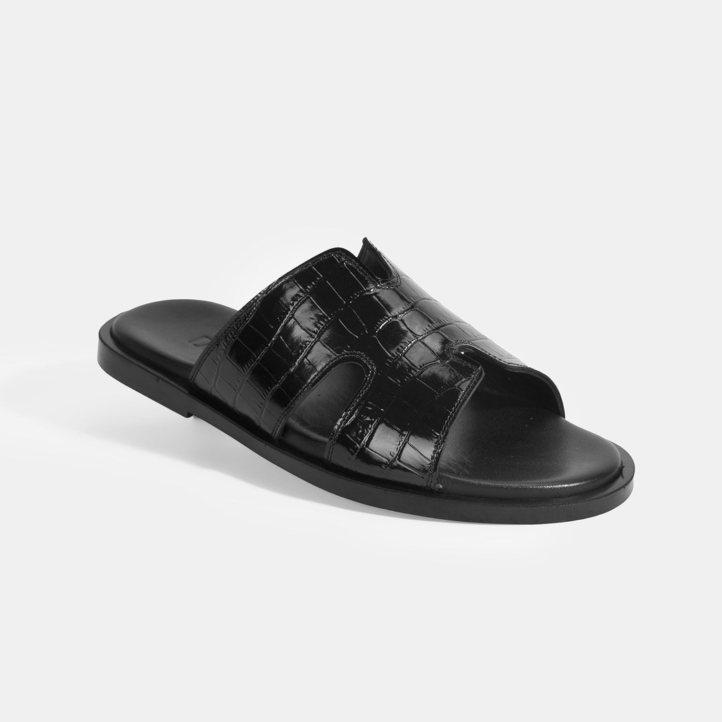 Erkek Siyah Kroko Desenli Deri Terlik