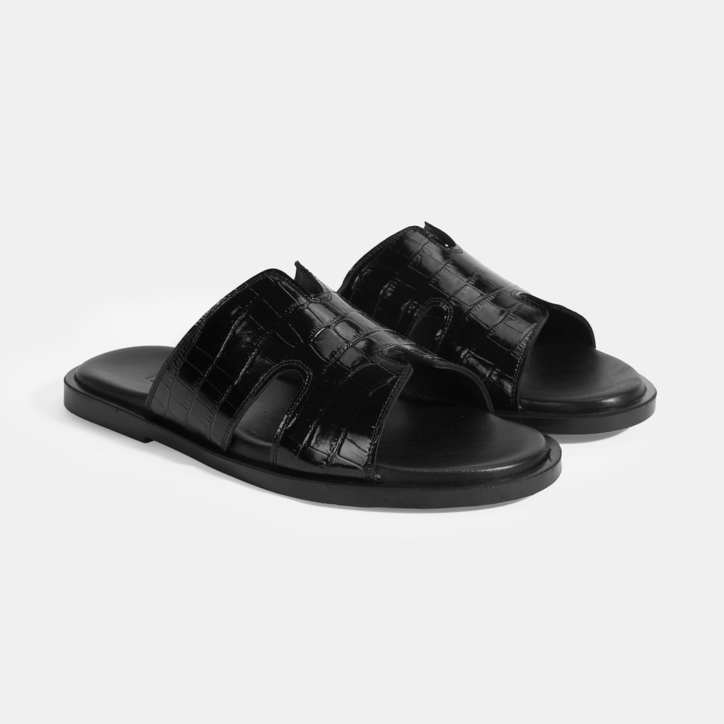 Erkek Siyah Kroko Desenli Deri Terlik