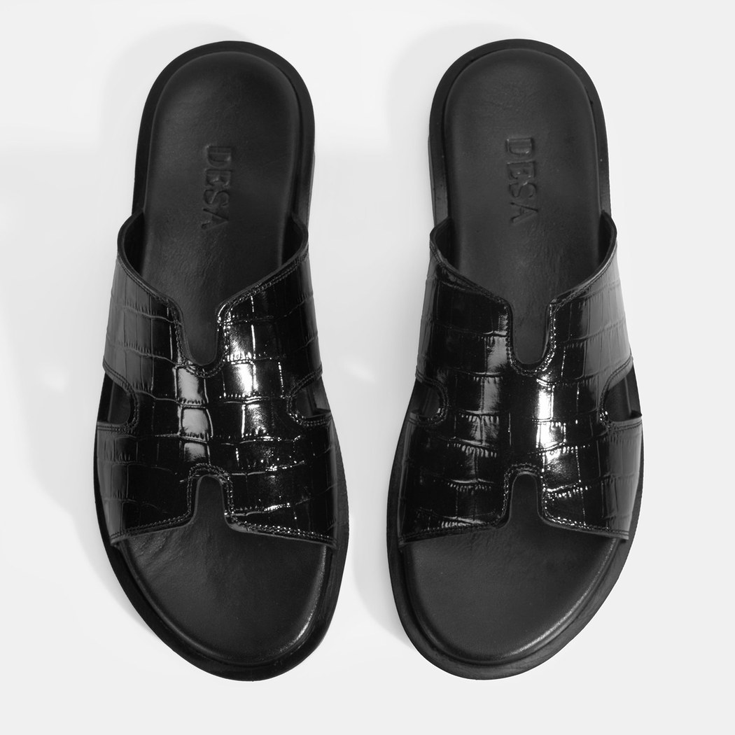 Erkek Siyah Kroko Desenli Deri Terlik