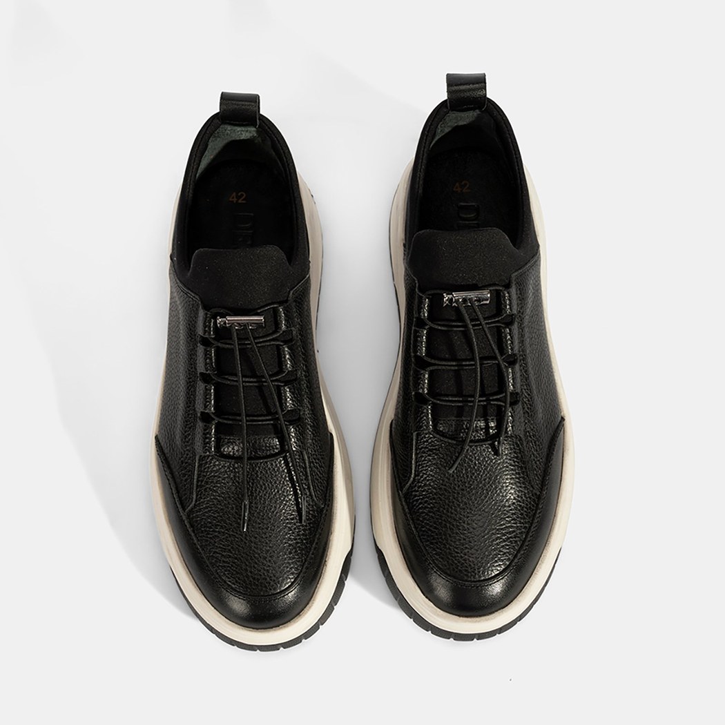 Erkek Siyah Lastik Bağcıklı Deri Sneaker