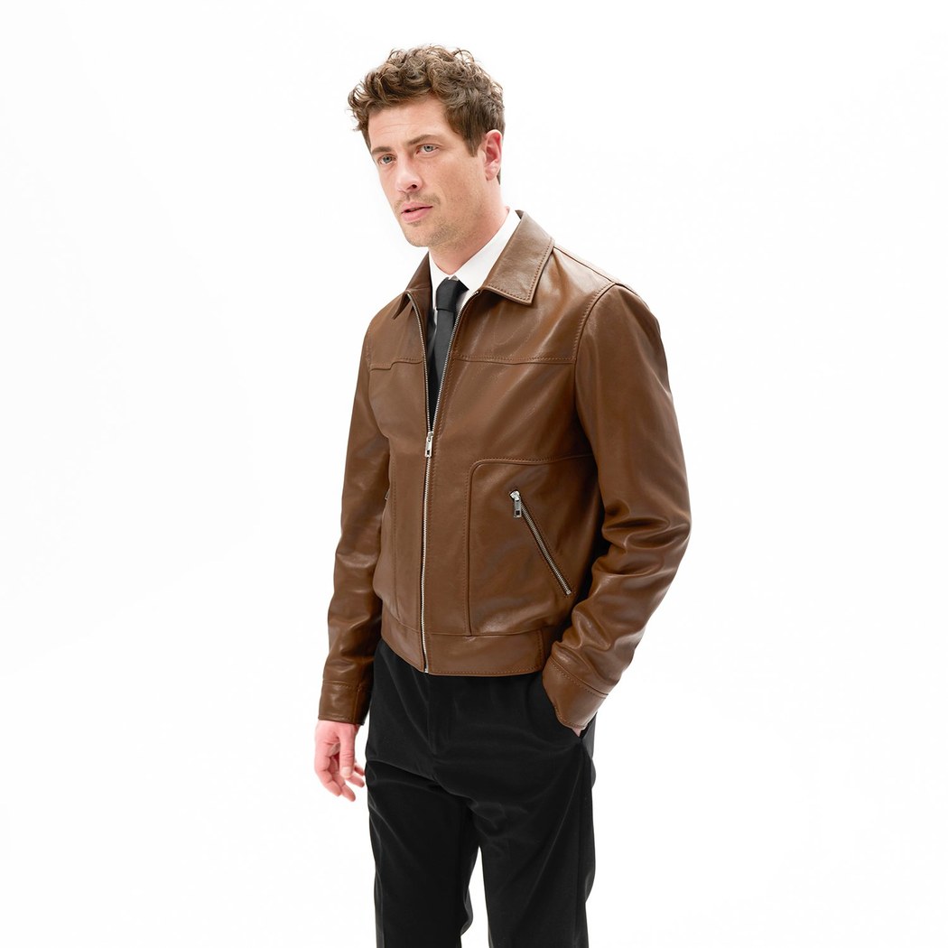 Erkek Taba Fermuarlı Gömlek Yaka Deri Ceket