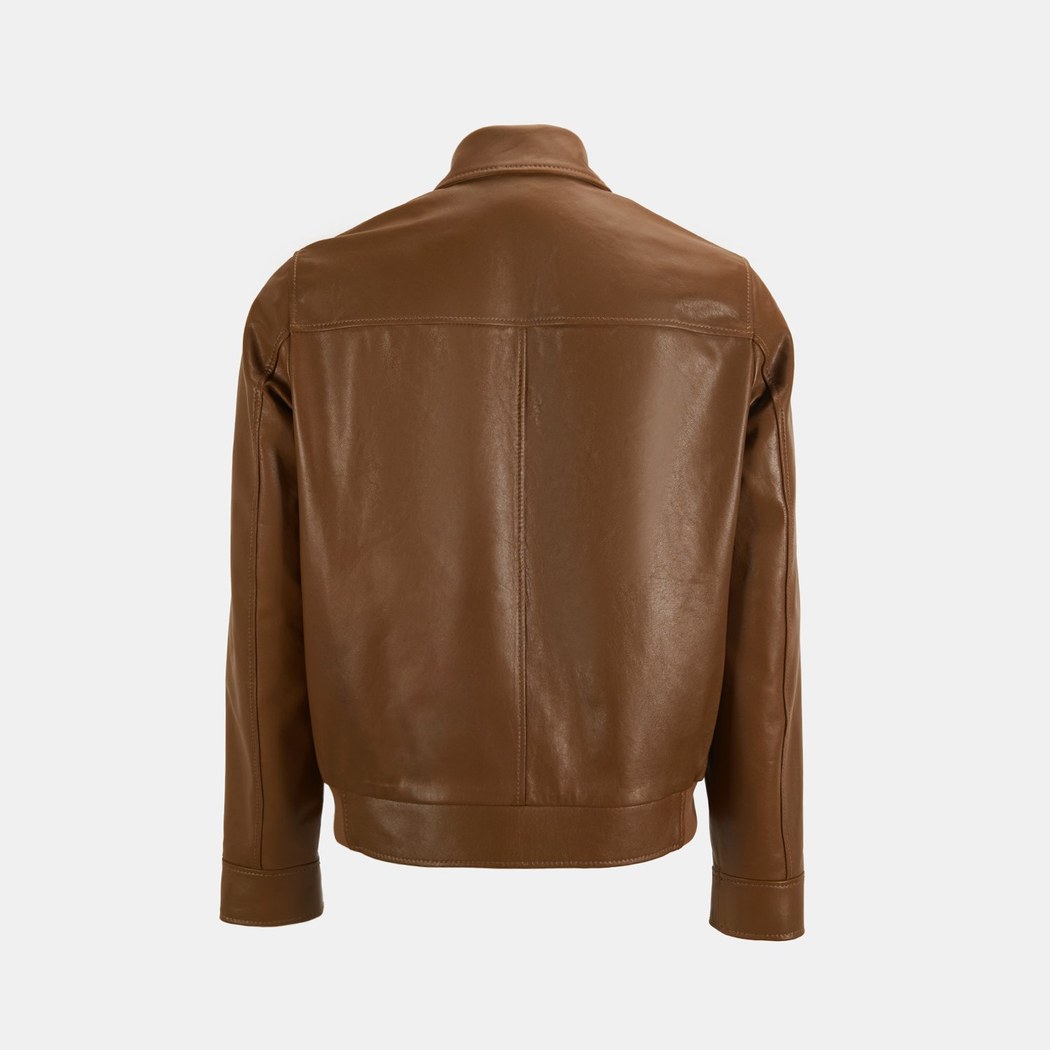 Erkek Taba Fermuarlı Gömlek Yaka Deri Ceket