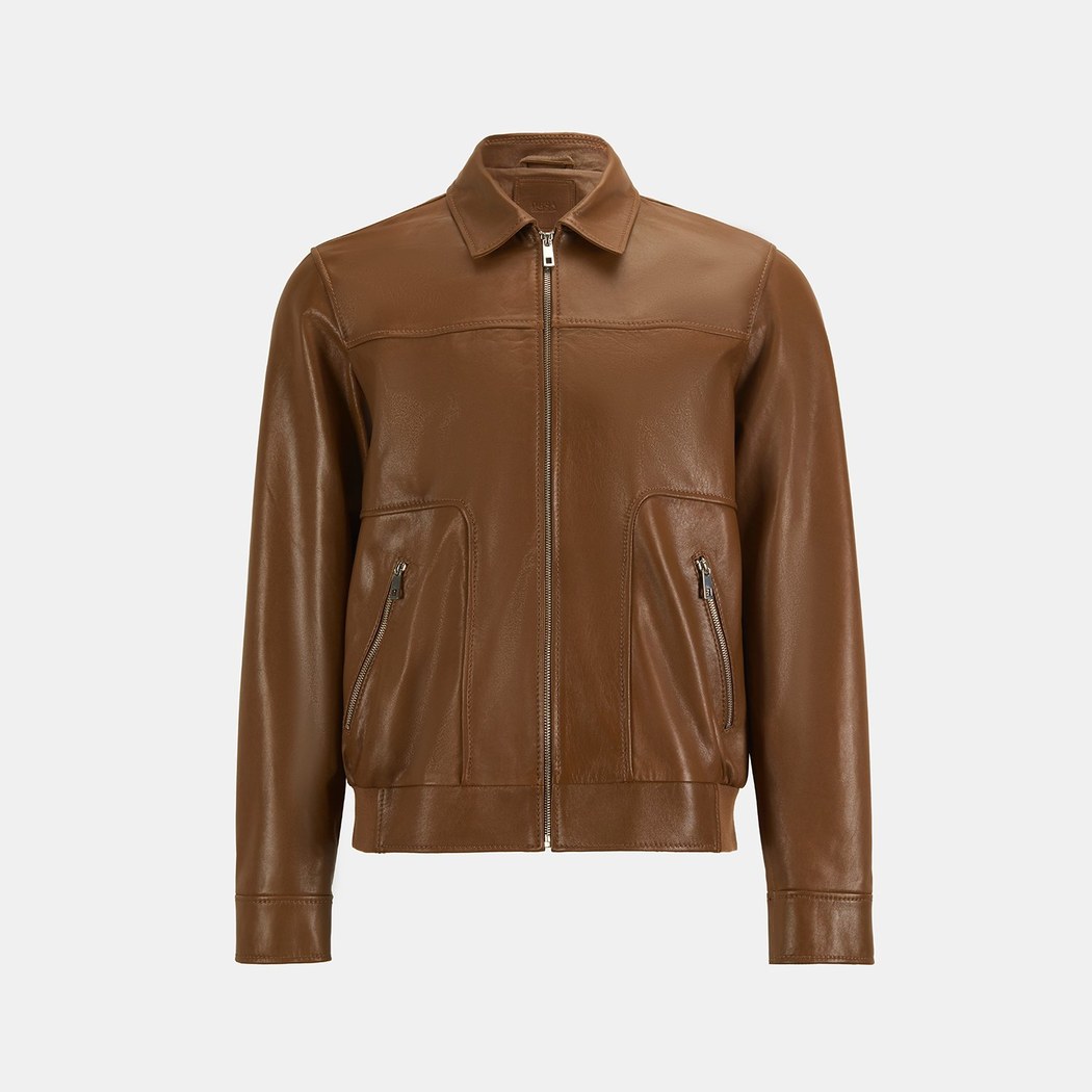 Erkek Taba Fermuarlı Gömlek Yaka Deri Ceket