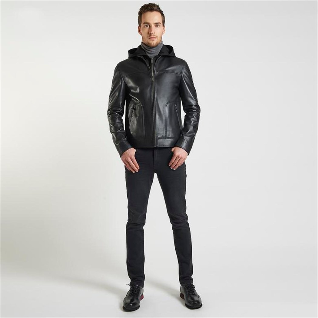 Eugenio Siyah Erkek Deri Kapüşonlu Mont