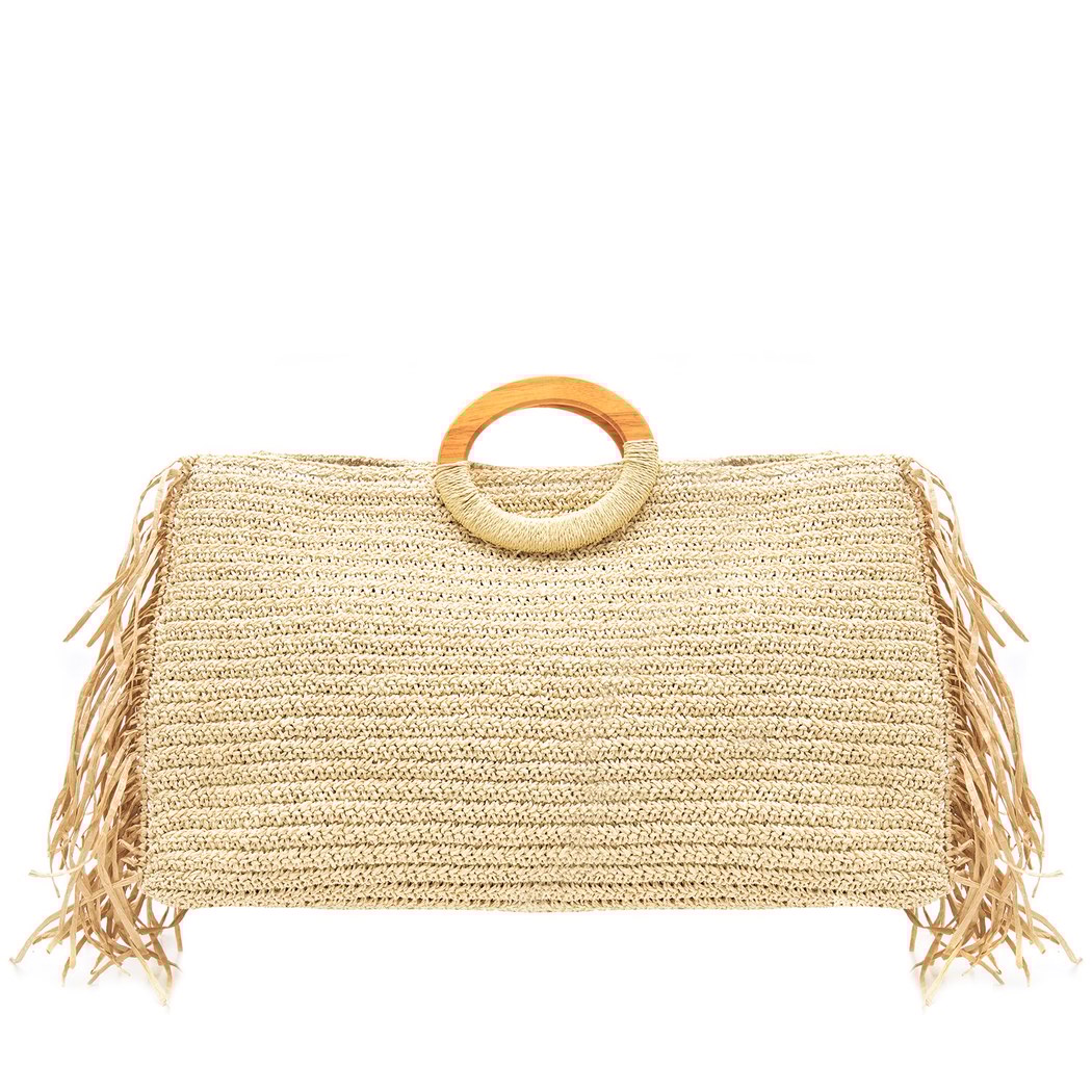 Fringie Bej Kadın Hasır El Çantası 