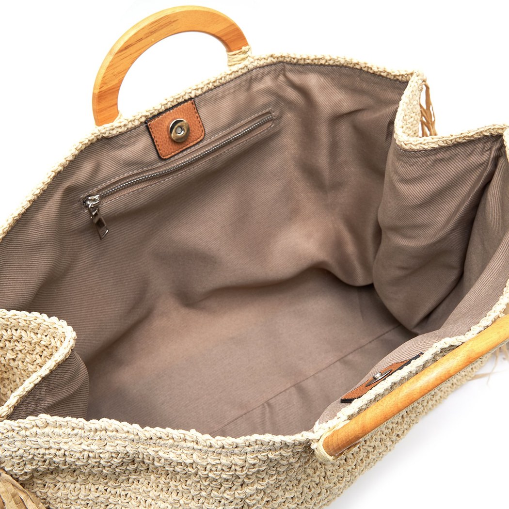 Fringie Bej Kadın Hasır El Çantası 