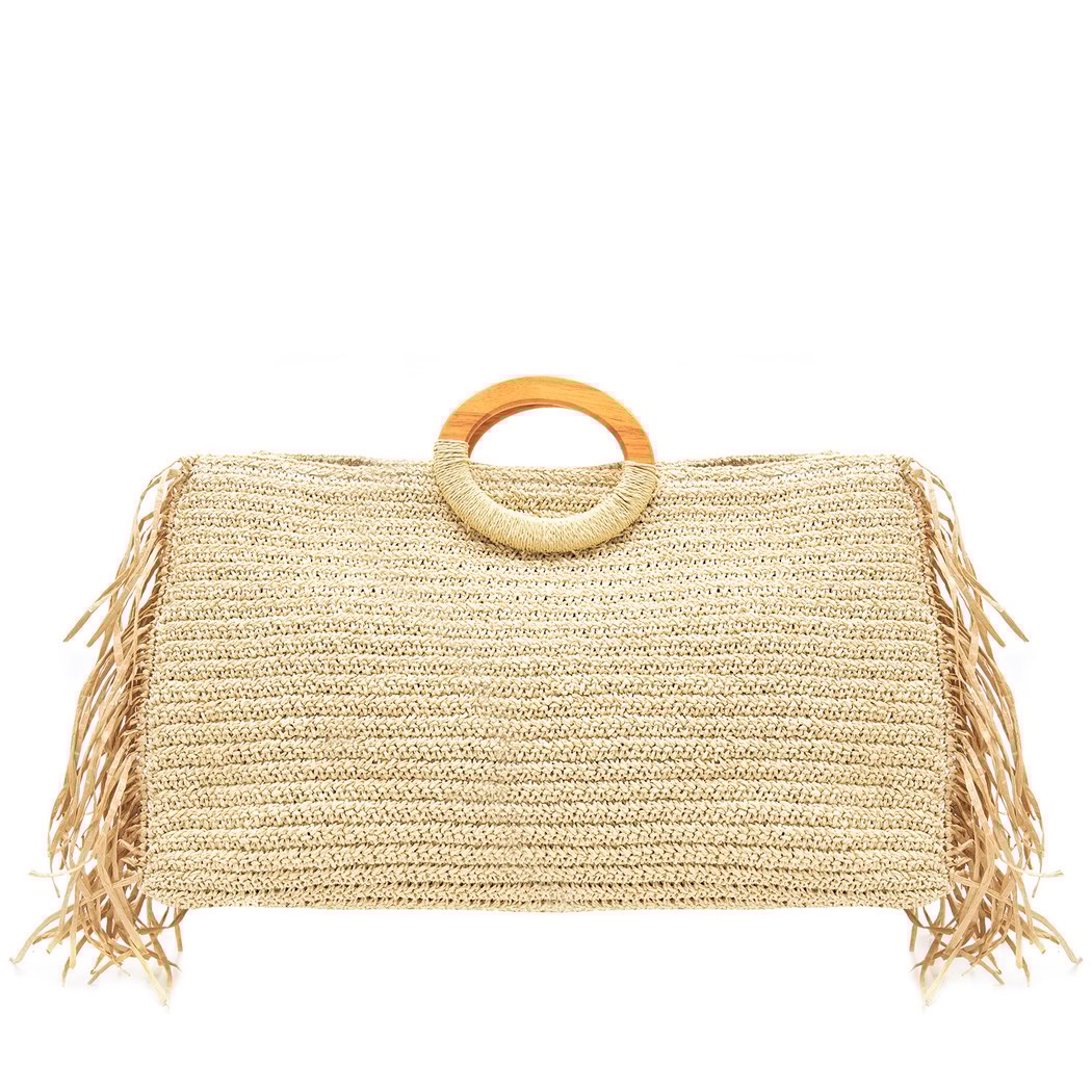 Fringie Bej Kadın Hasır El Çantası 