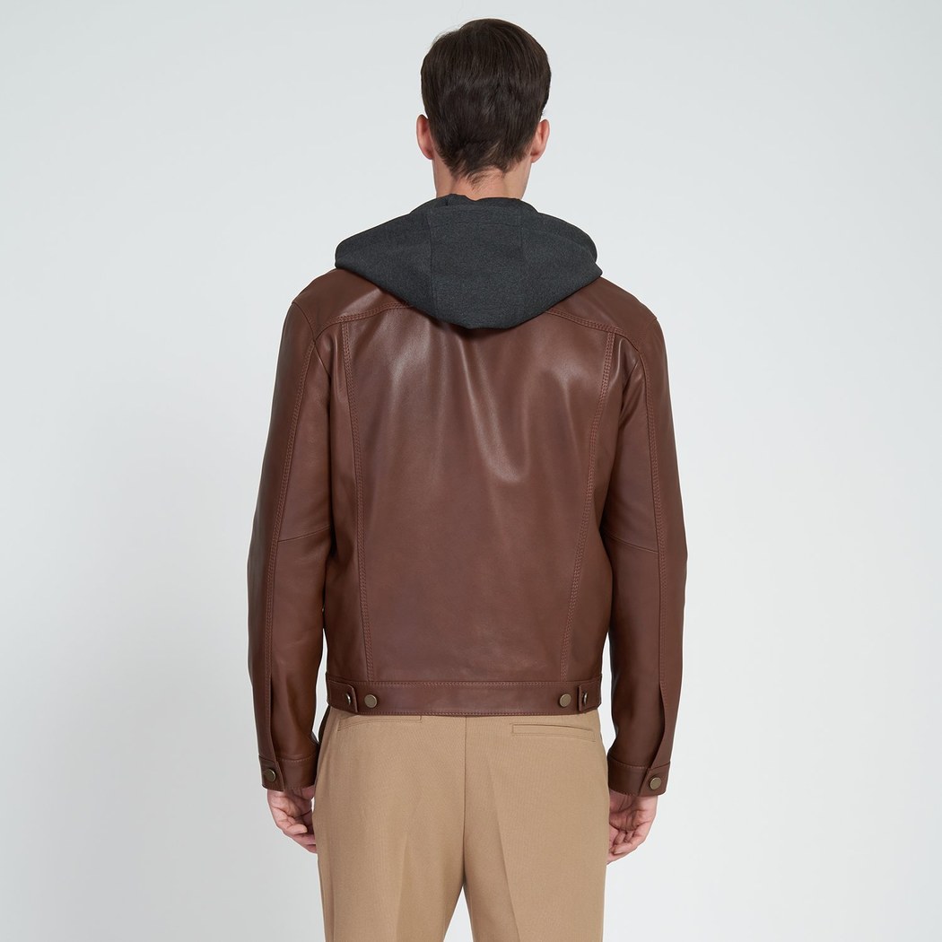 Giosue Kahve Erkek Kapüşonlu Deri Ceket