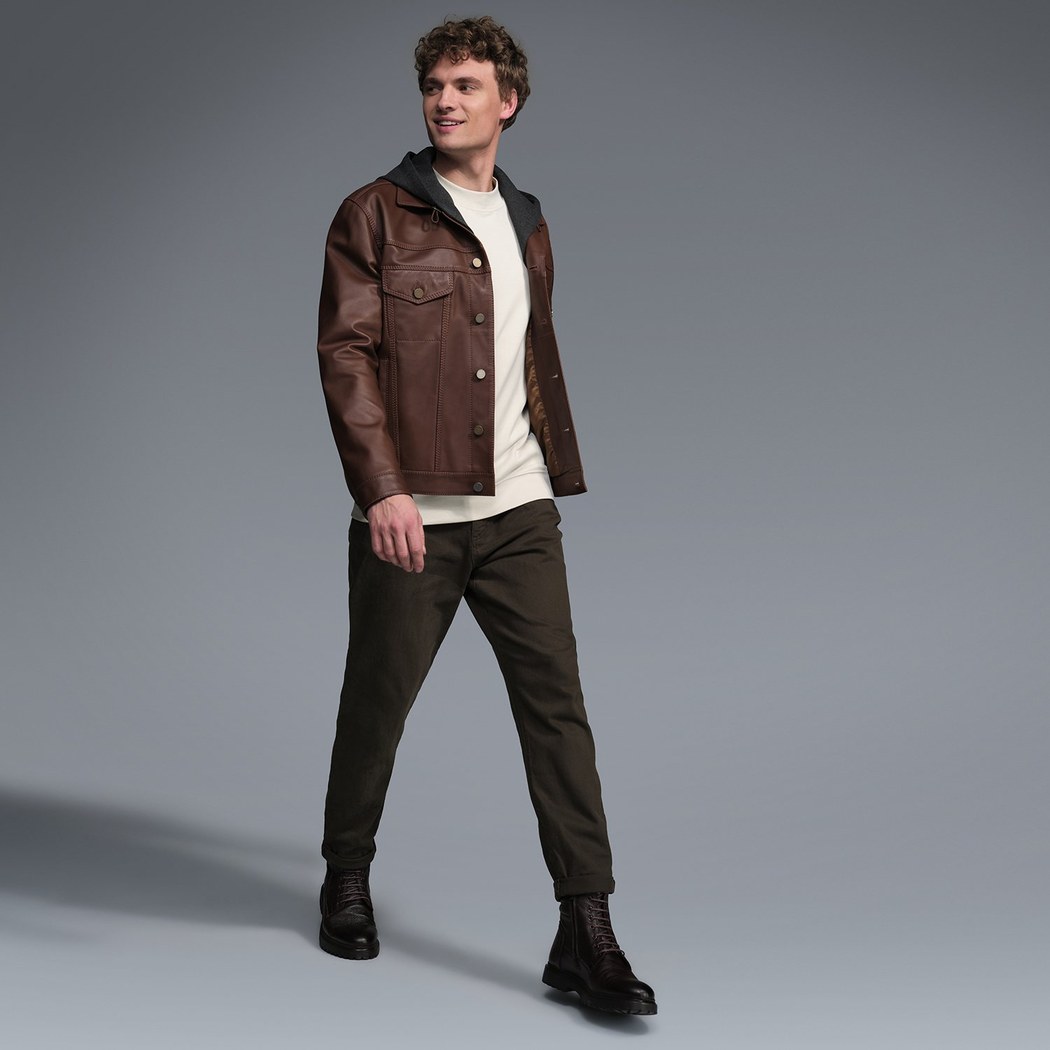 Giosue Kahve Erkek Kapüşonlu Deri Ceket