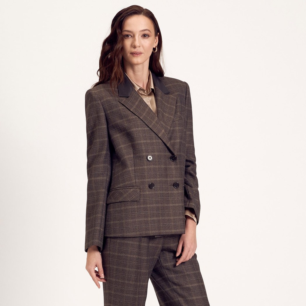 Gri Yünlü Kruvaze Kadın Deri Ceket