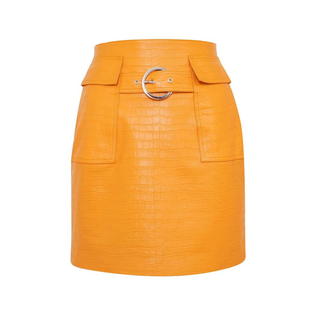 Gulielma Turuncu Kadın Kroko Baskılı Deri Mini Etek