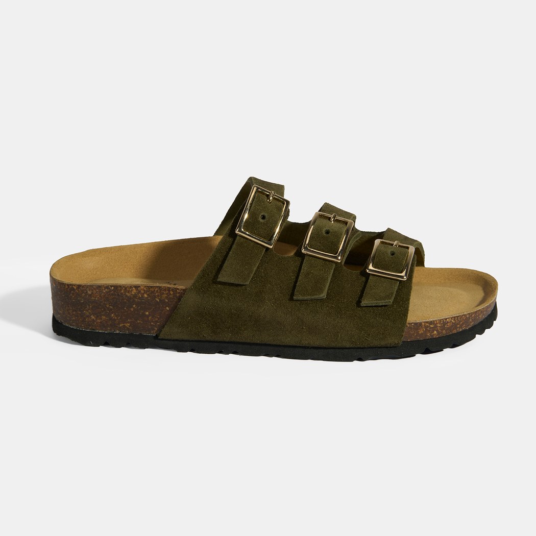 Haki Kadın Toka Detaylı Süet Terlik