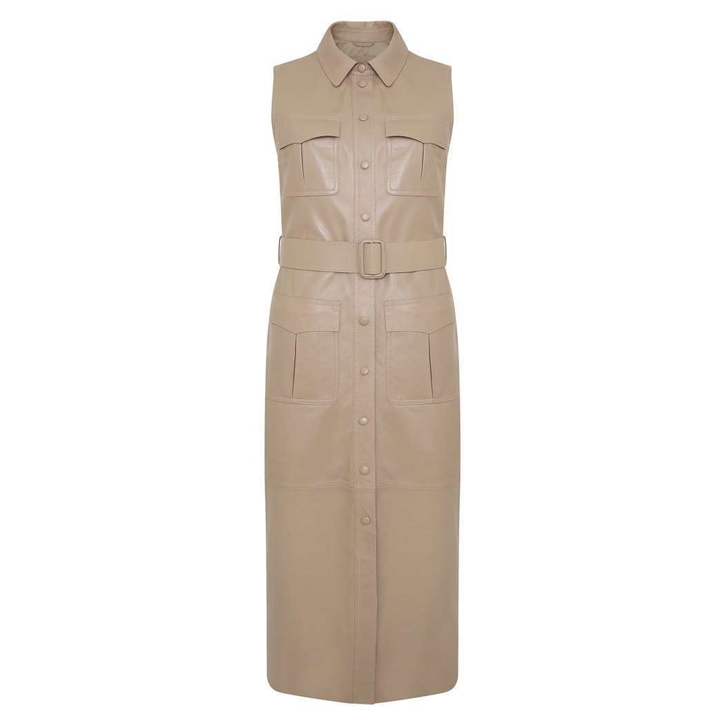 Jianna Bej Kadın Gömlek Yakalı Deri Elbise