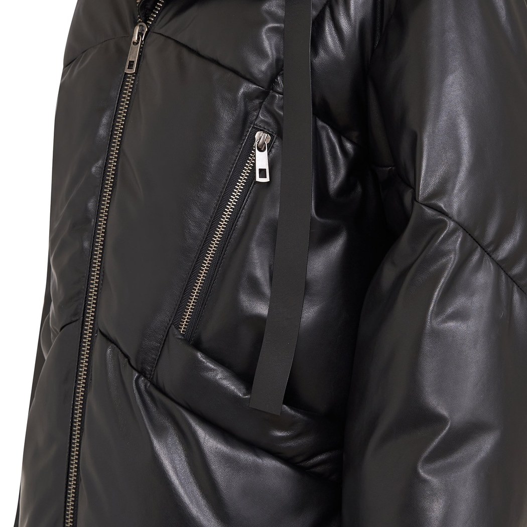 Julie Siyah Kadın Kapüşonlu Puffer Deri Mont