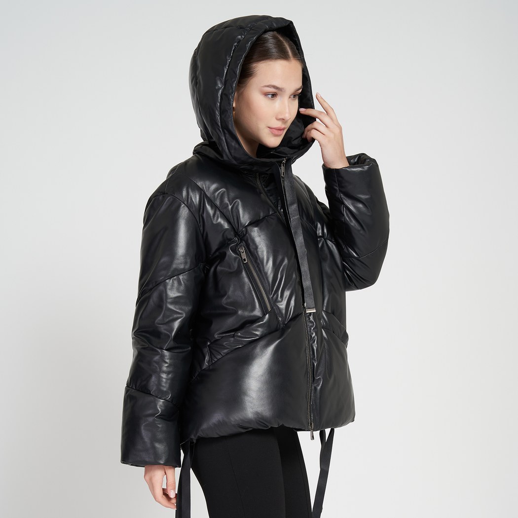 Julie Siyah Kadın Kapüşonlu Puffer Deri Mont