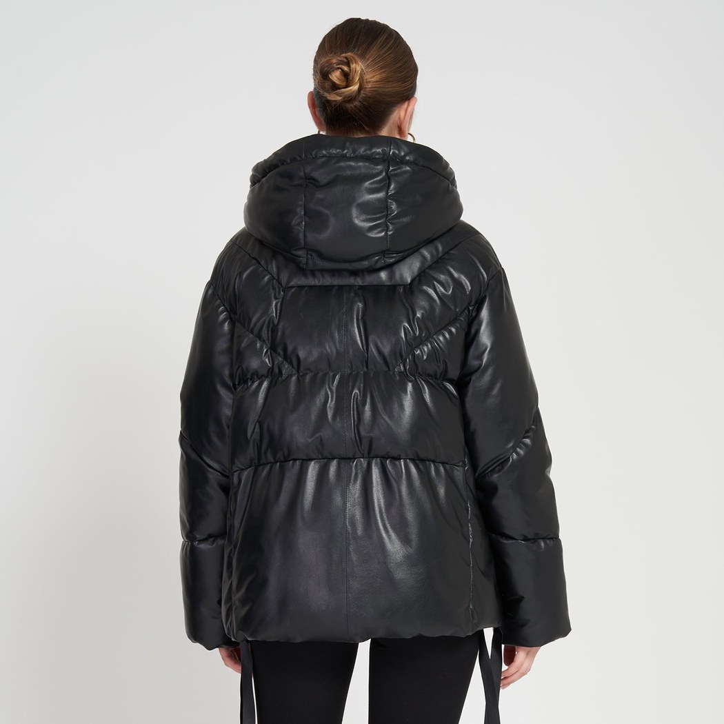Julie Siyah Kadın Kapüşonlu Puffer Deri Mont