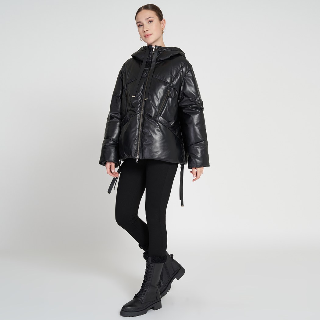 Julie Siyah Kadın Kapüşonlu Puffer Deri Mont