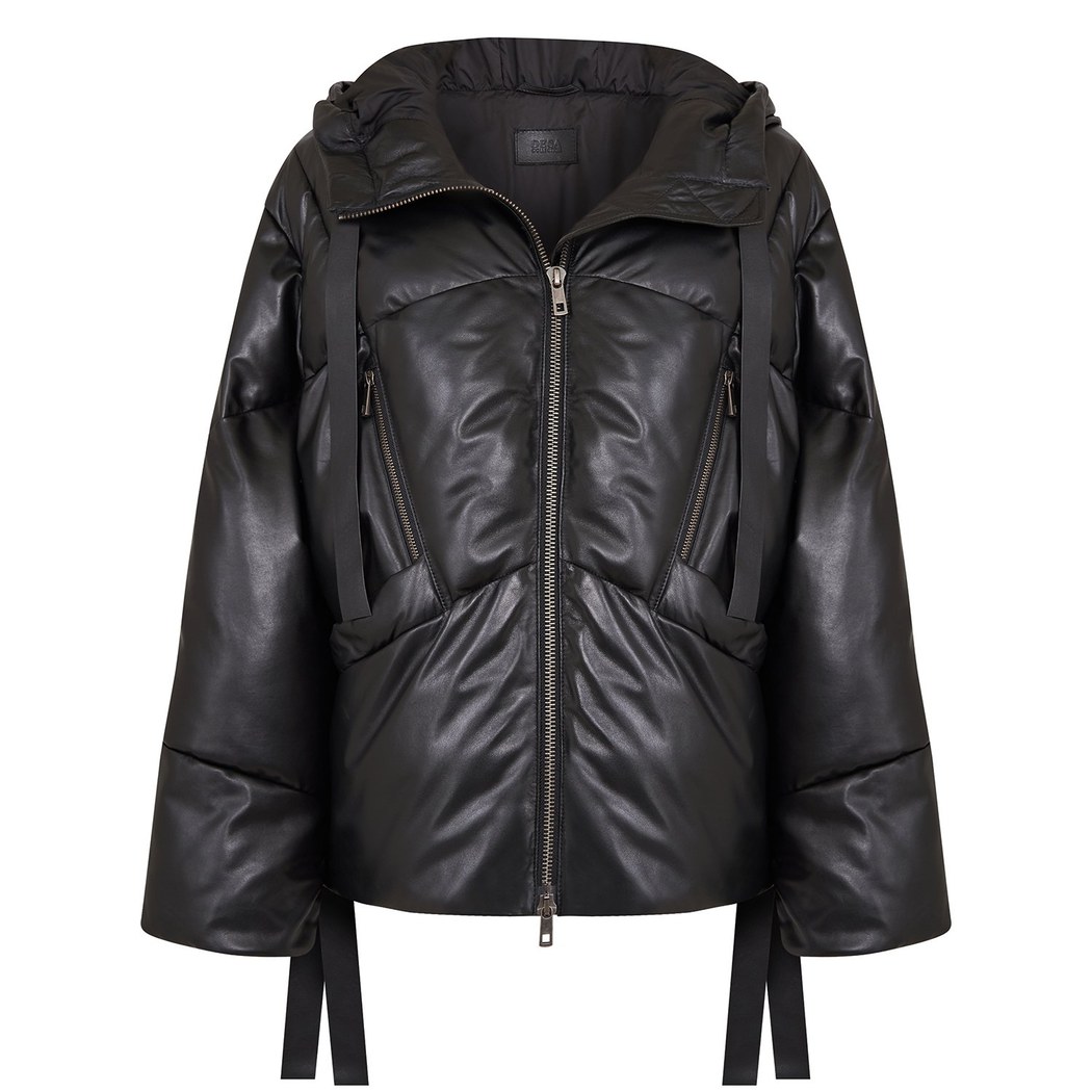 Julie Siyah Kadın Kapüşonlu Puffer Deri Mont