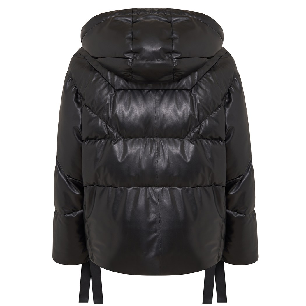 Julie Siyah Kadın Kapüşonlu Puffer Deri Mont