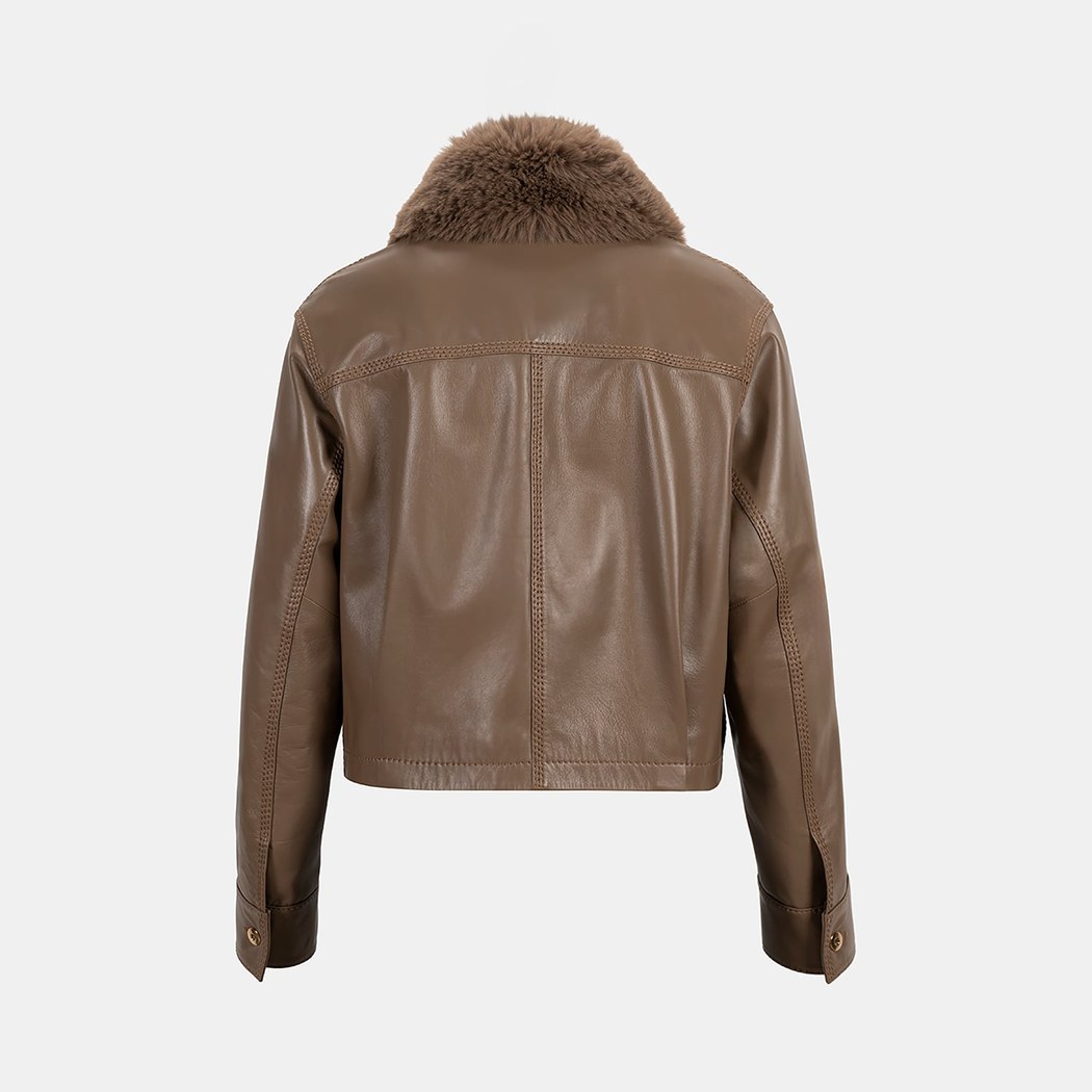 K15072 KADIN YAKASI KÜRKLÜ DERİ CEKET