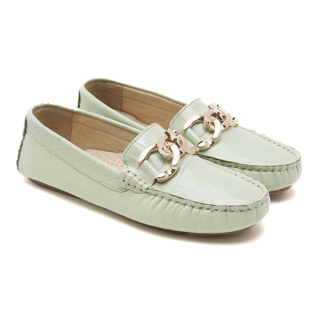 Kadın Açık Yeşil Kroko Baskılı Deri Loafer