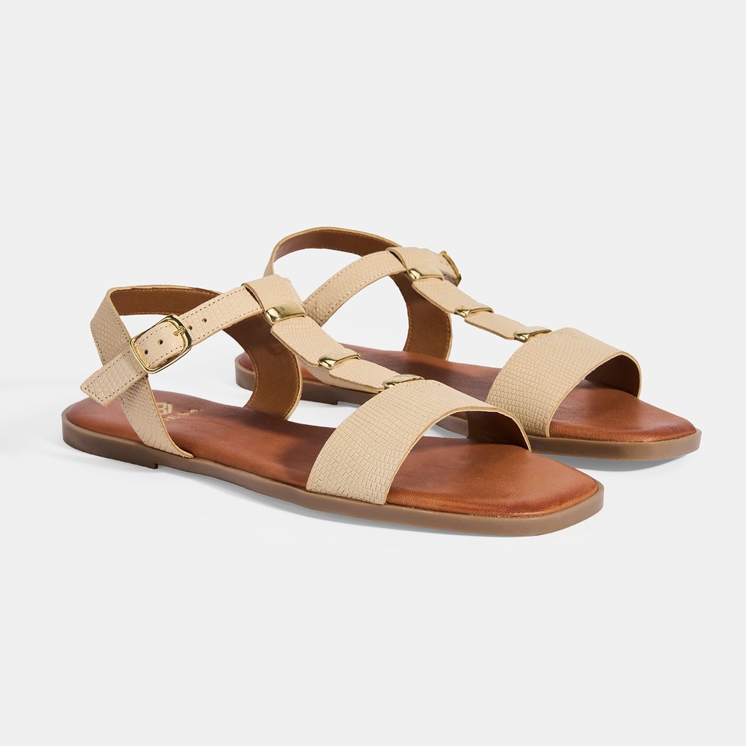 Kadın Bej Ayarlanabilir Tokalı Deri Sandalet