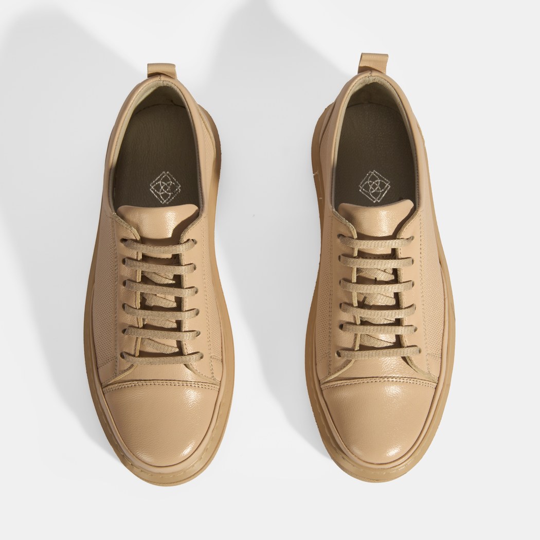 Kadın Bej Deri Bağcıklı Spor Ayakkabı