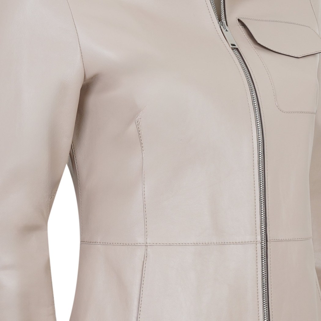 Kadın Bej Gömlek Yakalı Deri Ceket