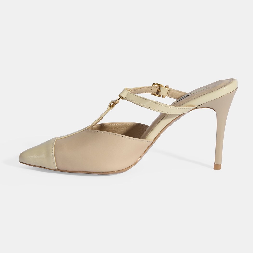 Kadın Bej Halka Aksesuarlı Deri Abiye Topuklu Terlik