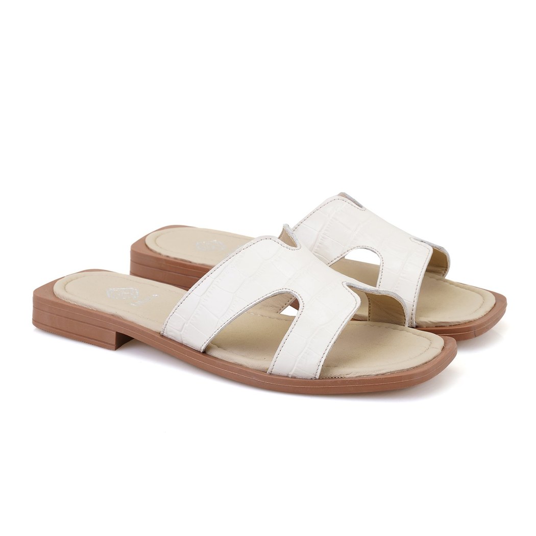 Kadın Bej Kroko Baskılı Deri Terlik