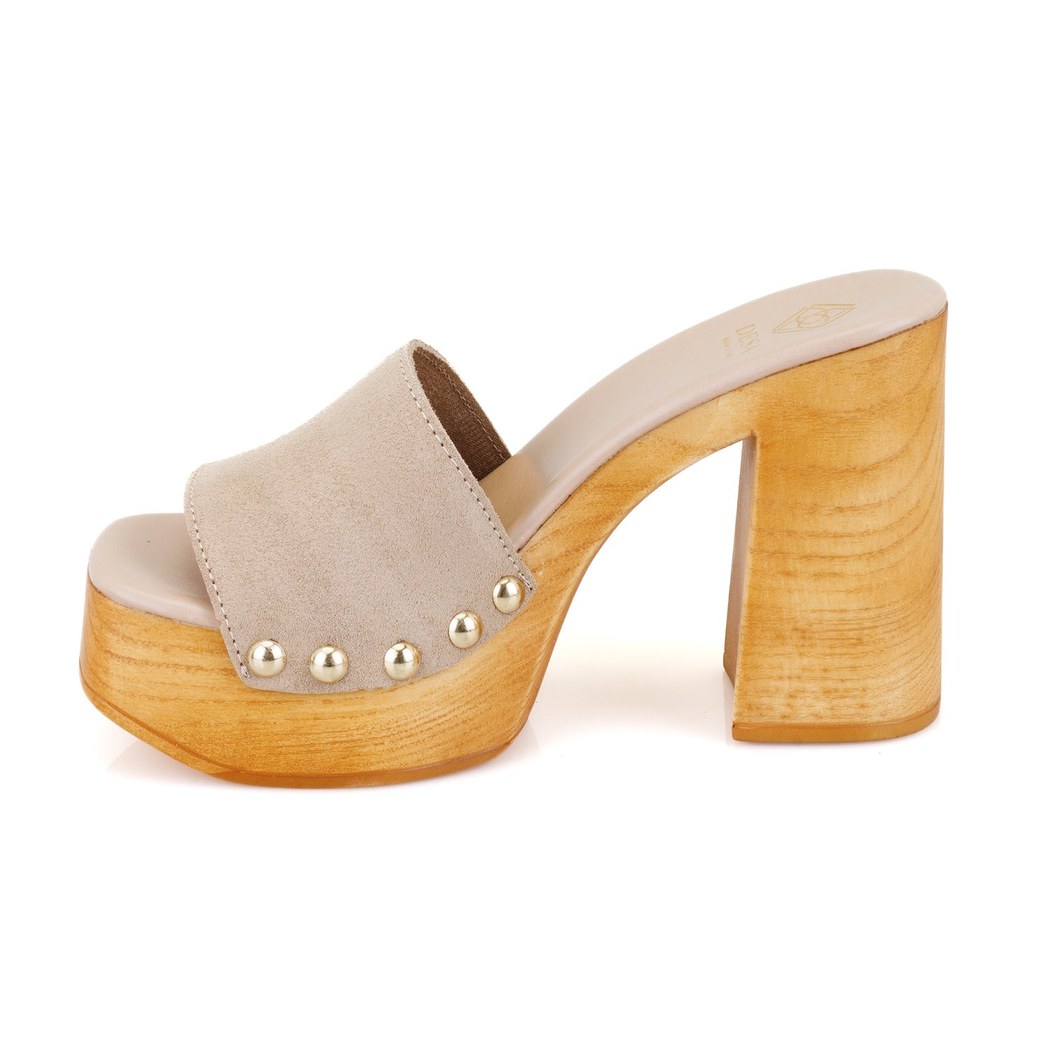 Kadın Bej Platform Topuklu Süet Deri Terlik