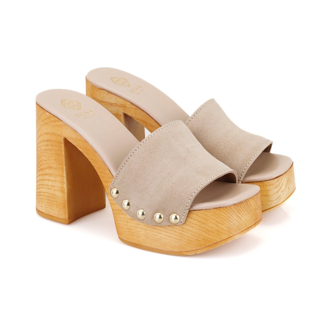 Kadın Bej Platform Topuklu Süet Deri Terlik