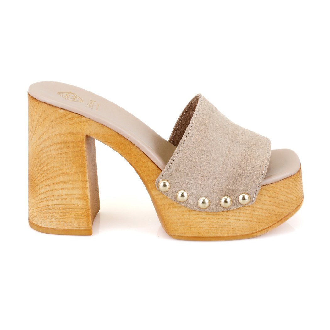Kadın Bej Platform Topuklu Süet Deri Terlik
