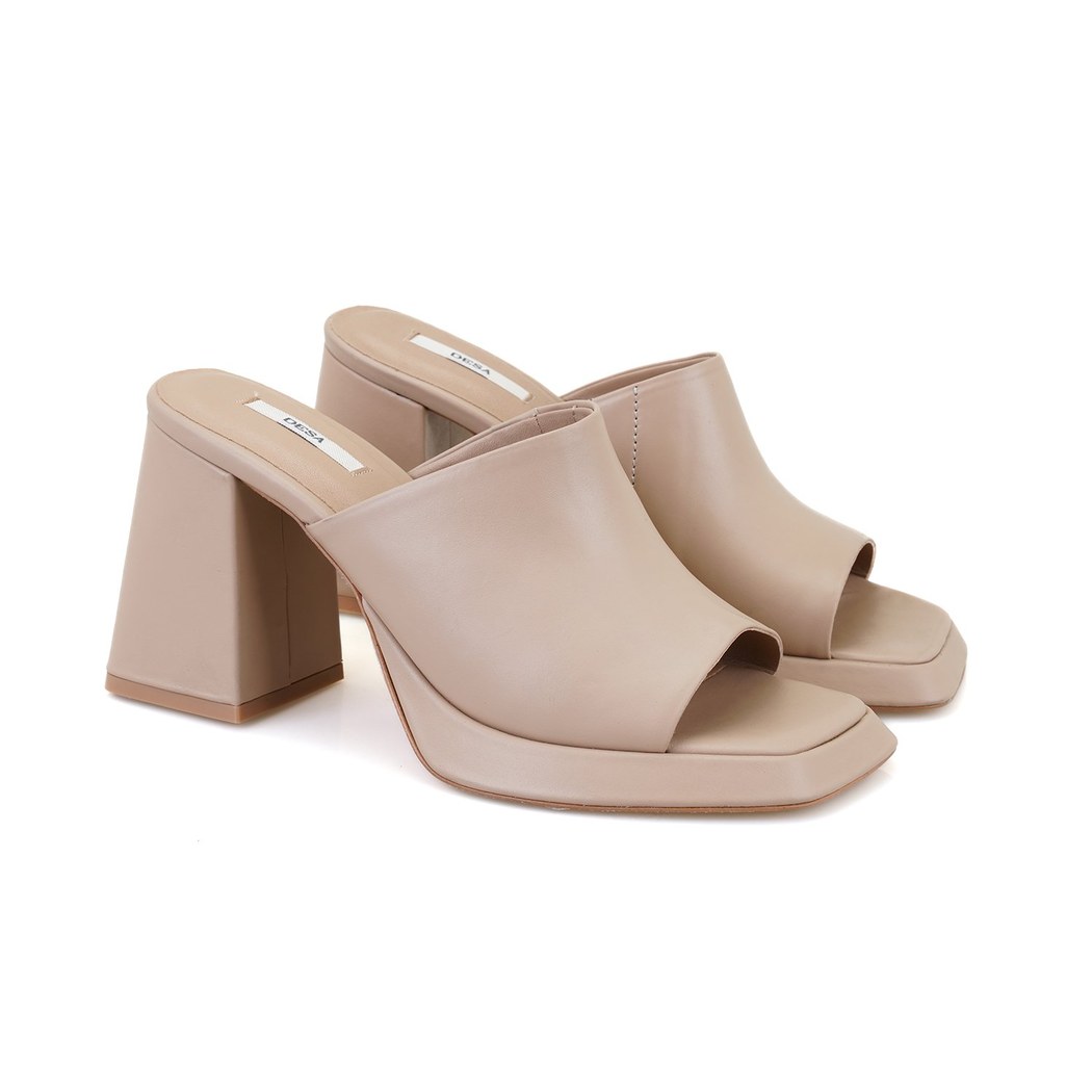 Kadın Bej Topuklu Napa Deri Terlik