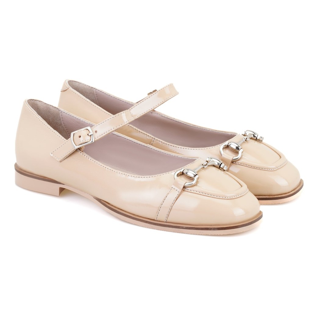 Kadın Bej Zincir Detaylı Mary Jane Rugan Deri Babet